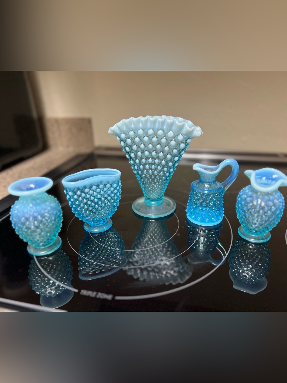 Fenton Blue Opalescent Hobnail 6 Piece Vase and Creamer Set
